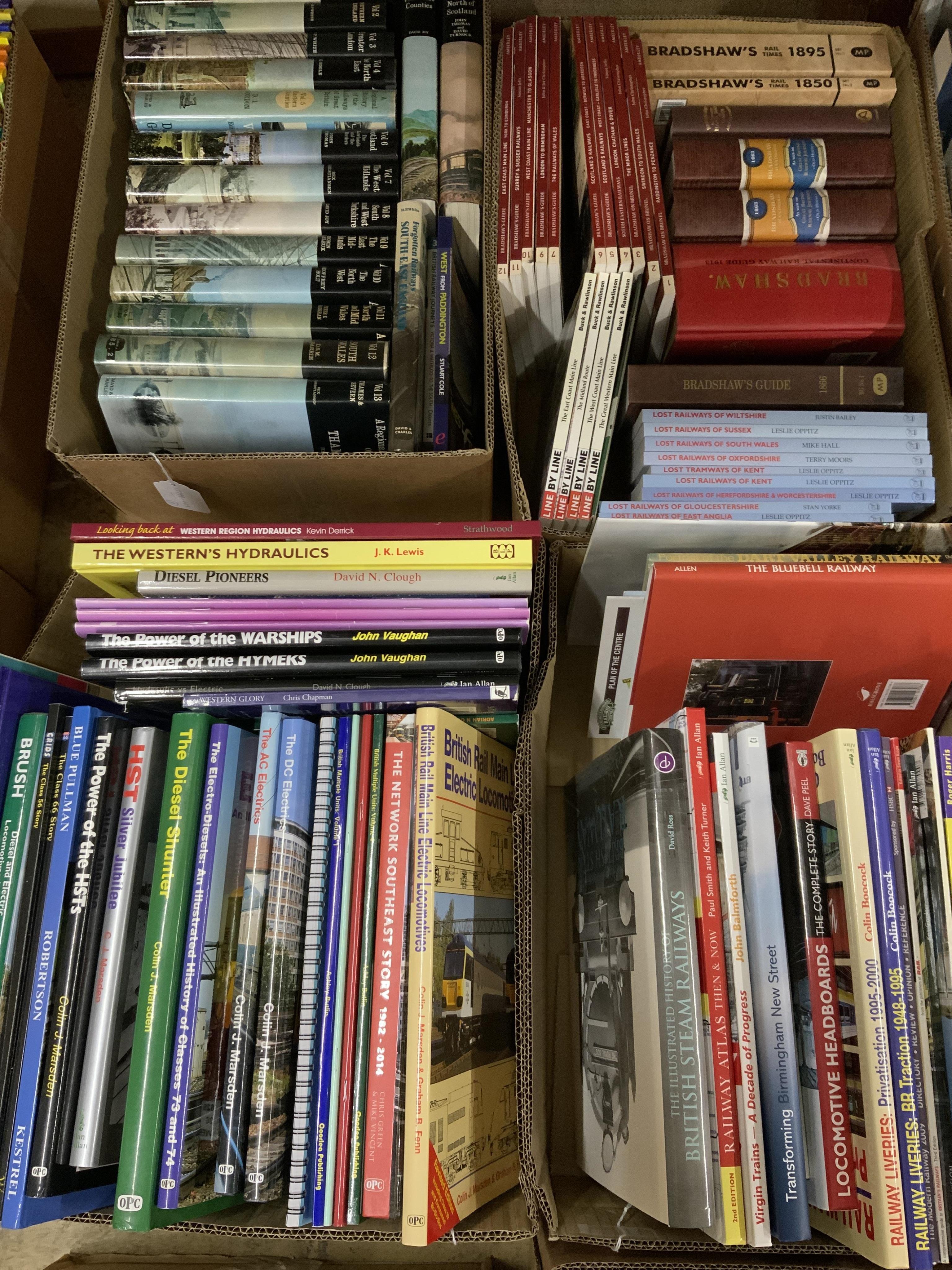 Eight boxes of railway related books, subjects include; Scottish steam, diesel locomotives, electric locomotives, Great Western Railway locomotives, Union Pacific locomotives, Bradshaw’s guides, etc. publishers include;